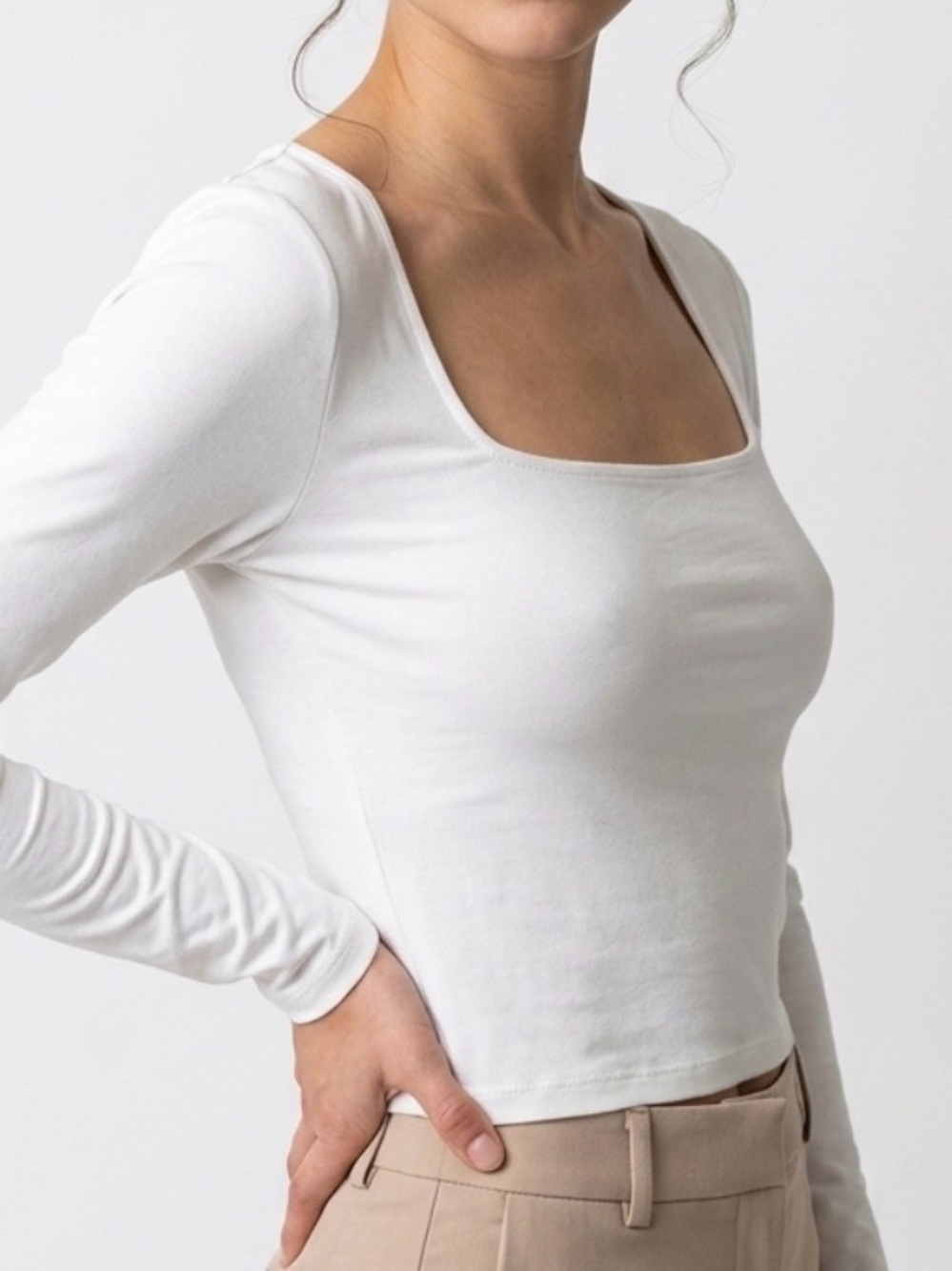 Bershka White Square-Neck Long Sleeve Top